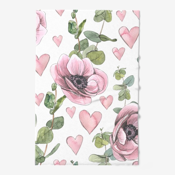 Полотенце «Розовые цветы анемоны, эвкалипт. Акварельный паттерн.»