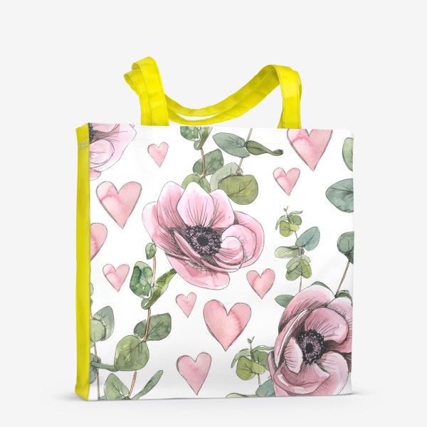 Сумка-шоппер &laquo;Розовые цветы анемоны, эвкалипт. Акварельный паттерн.&raquo;