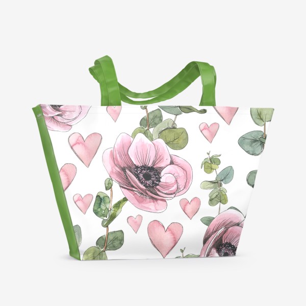 Пляжная сумка «Розовые цветы анемоны, эвкалипт. Акварельный паттерн.»