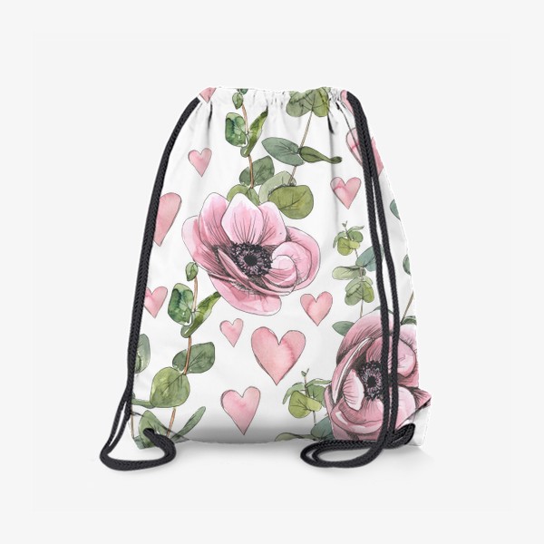 Рюкзак «Розовые цветы анемоны, эвкалипт. Акварельный паттерн.»