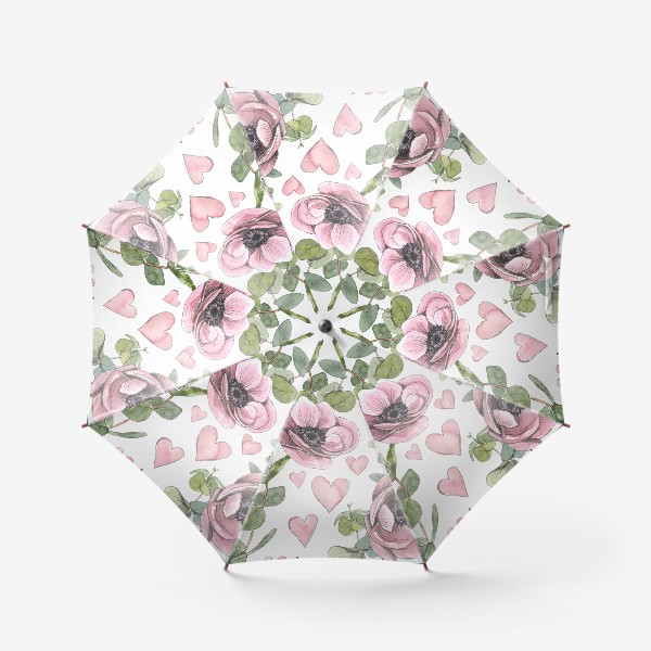 Зонт «Розовые цветы анемоны, эвкалипт. Акварельный паттерн.»