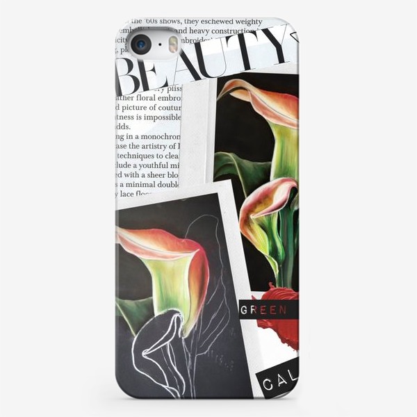 Чехол iPhone «Коллаж Beauty. Красно-зеленые каллы сухой пастелью, иллюстрация»