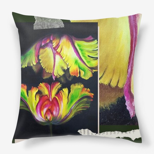 Подушка «Коллаж Радужные тюльпаны. Два попугайных махровых тюльпана на черном фоне. Макро. Желтый, зеленый, оранжевый, розовый»