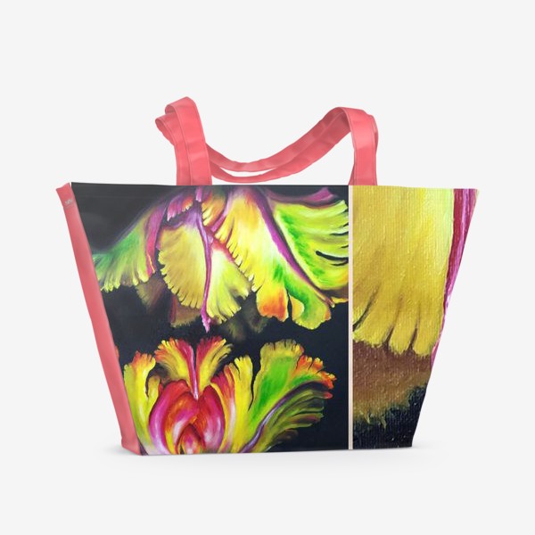 Пляжная сумка «Коллаж Радужные тюльпаны. Два попугайных махровых тюльпана на черном фоне. Макро. Желтый, зеленый, оранжевый, розовый»