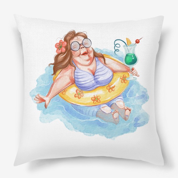 Подушка «Кайф, отпуск, отдых, море. Женщина в кругу с коктейлем. »