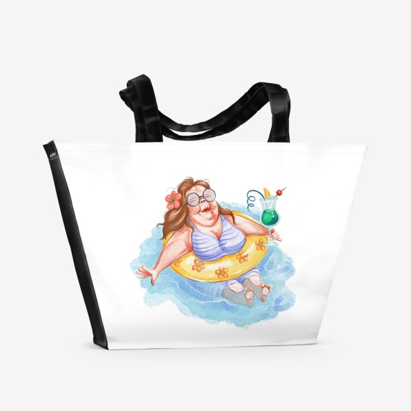 Пляжная сумка «Кайф, отпуск, отдых, море. Женщина в кругу с коктейлем. »