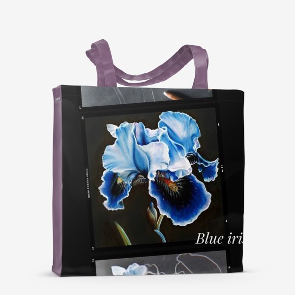 Сумка-шоппер «Коллаж голубой ирис. Рисунок сухой пастелью, ботаническая иллюстрация на темном фоне»