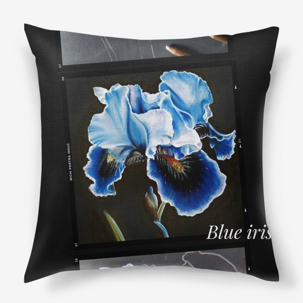 Подушка &laquo;Коллаж голубой ирис. Рисунок сухой пастелью, ботаническая иллюстрация на темном фоне&raquo;