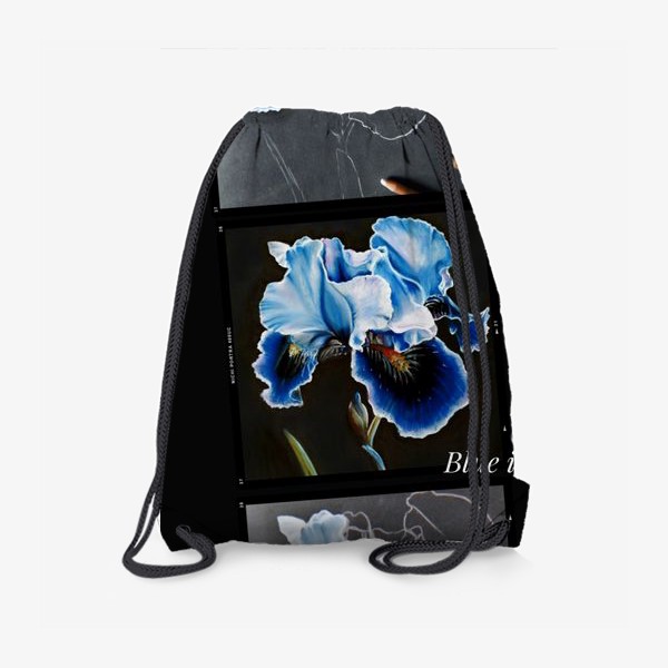 Рюкзак «Коллаж голубой ирис. Рисунок сухой пастелью, ботаническая иллюстрация на темном фоне»