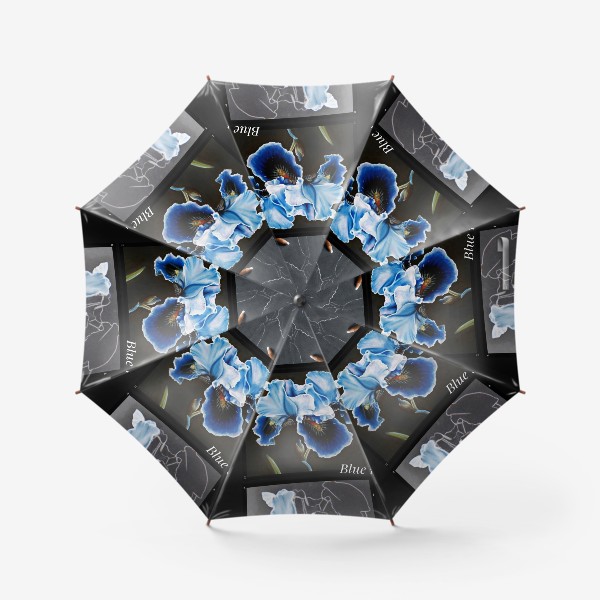 Зонт «Коллаж голубой ирис. Рисунок сухой пастелью, ботаническая иллюстрация на темном фоне»