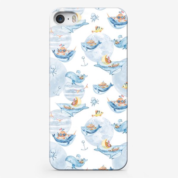 Чехол iPhone «Акварельная иллюстрация китов и рыбок. Детский принт для одежды»
