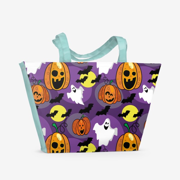 Пляжная сумка &laquo;Хэллоуин. Бесшовный принт с тыквами ,привидениями и летучими мышами.&raquo;