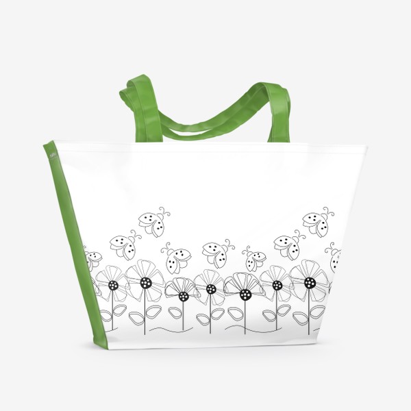 Пляжная сумка «Божьи коровки над цветами. Бесшовный паттерн с божьими коровками и цветами.»