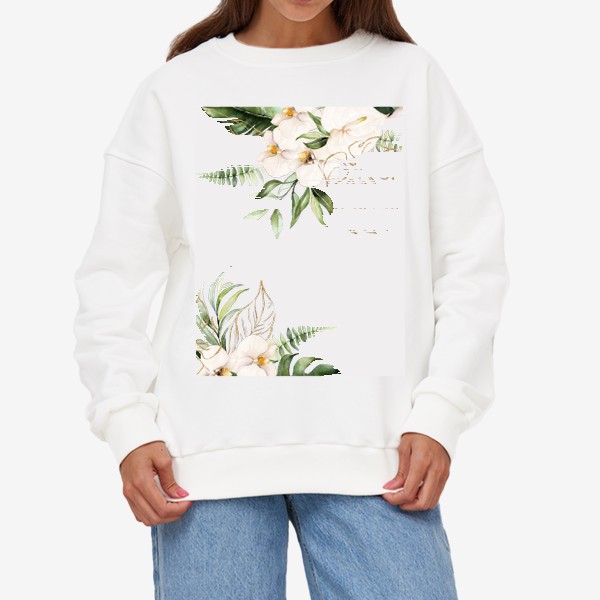 Свитшот «Пальма, папоротник и орхидеи акварель»