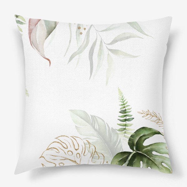 Подушка «Пальма, папоротник и орхидеи акварель»