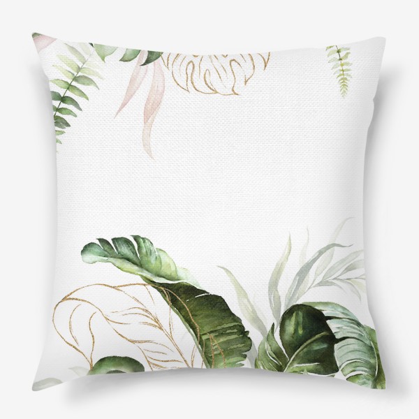 Подушка «Пальма, папоротник и орхидеи акварель»