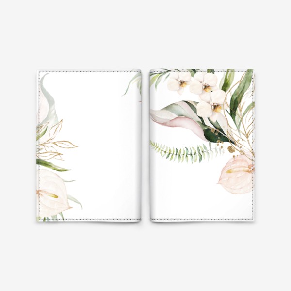 Обложка для паспорта «Пальма, папоротник и орхидеи акварель»
