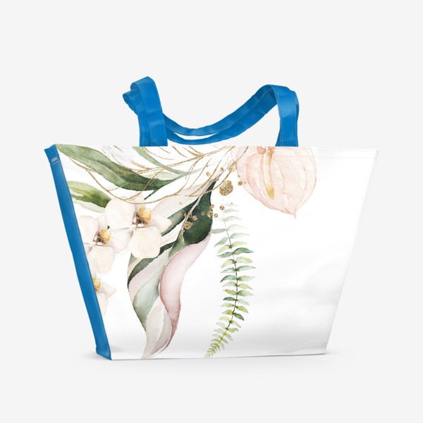 Пляжная сумка «Пальма, папоротник и орхидеи акварель»