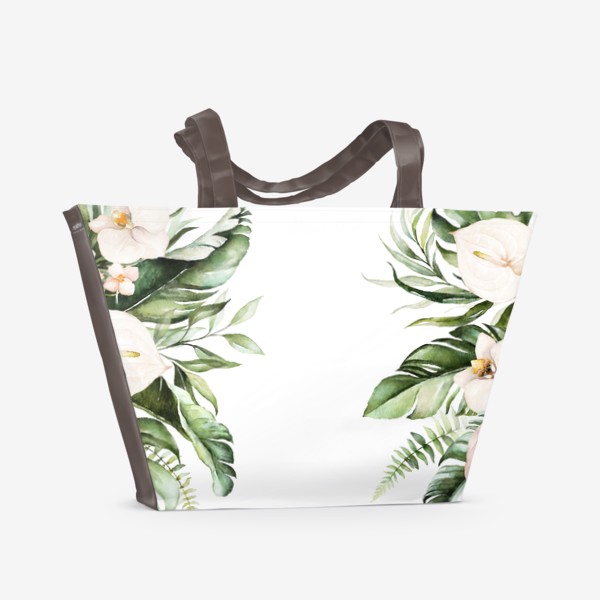 Пляжная сумка «Пальма, папоротник и орхидеи акварель»