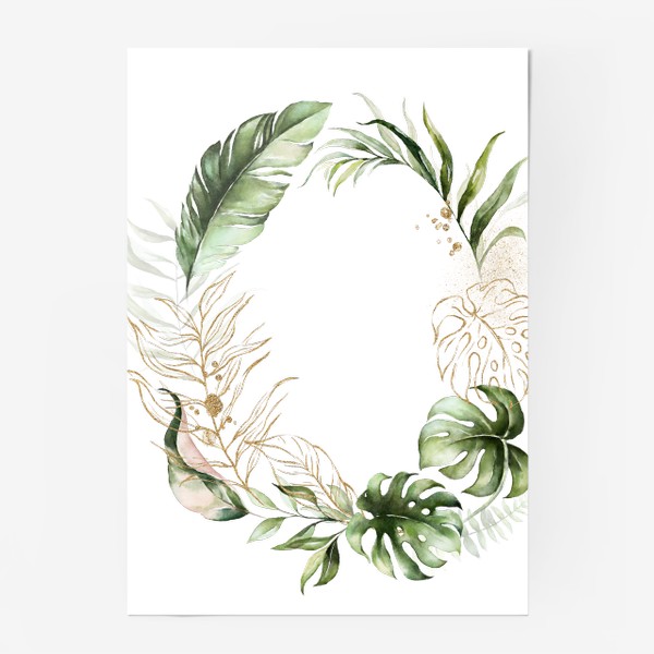 Постер «Венок акварельные листья пальмы, баллы, орхидеи»