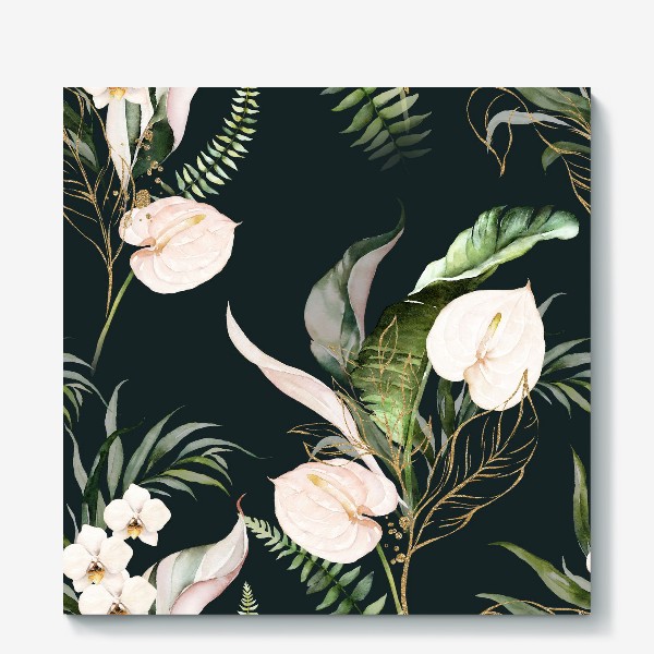 Холст «Паттерн акварельные листья пальмы, каллы, орхидеи»