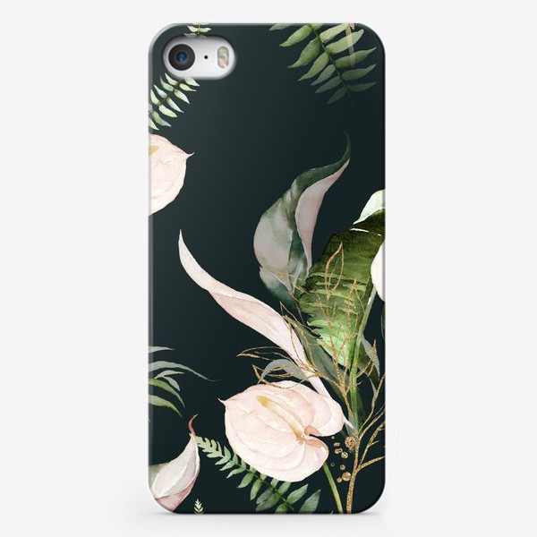 Чехол iPhone «Паттерн акварельные листья пальмы, каллы, орхидеи»