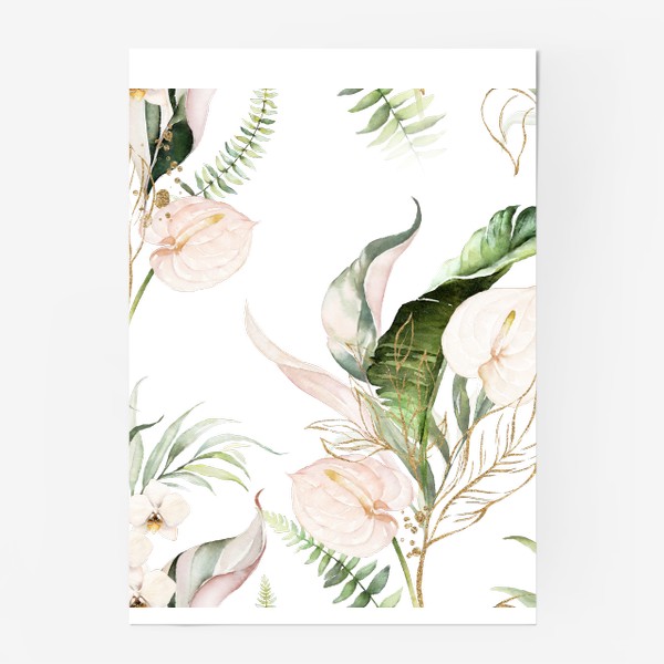 Постер «Паттерн акварельные листья пальмы, каллы, орхидеи»
