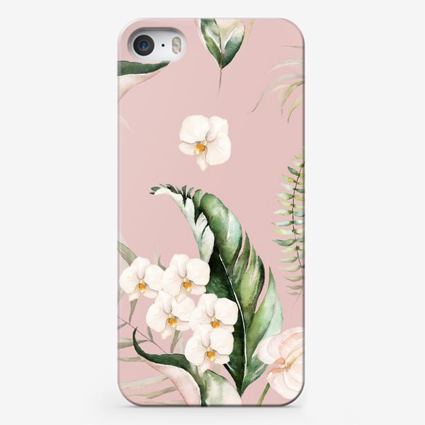 Чехол iPhone «Паттерн акварельные листья пальмы, каллы, орхидеи»