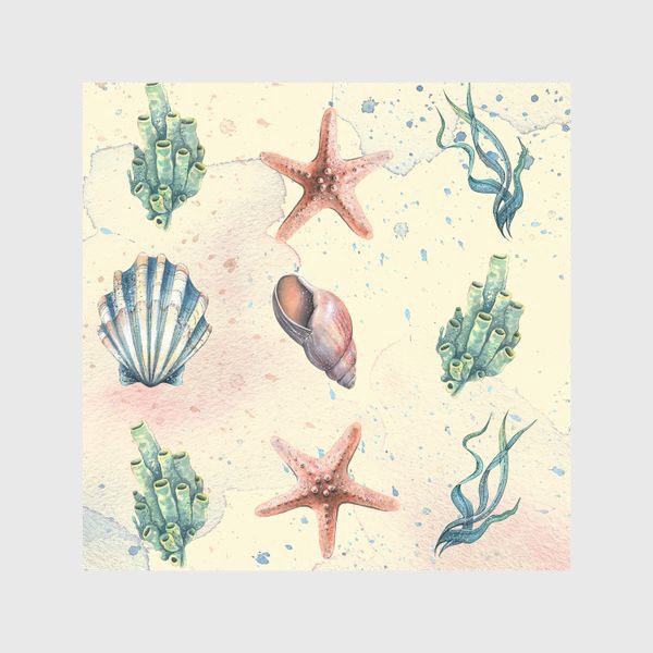 Шторы «Морские ракушки, звезды, кораллы. Подводный мир. Акварельный паттерн.»