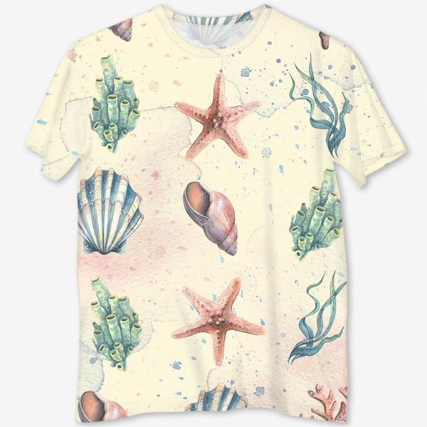 Футболка с полной запечаткой «Морские ракушки, звезды, кораллы. Подводный мир. Акварельный паттерн.»