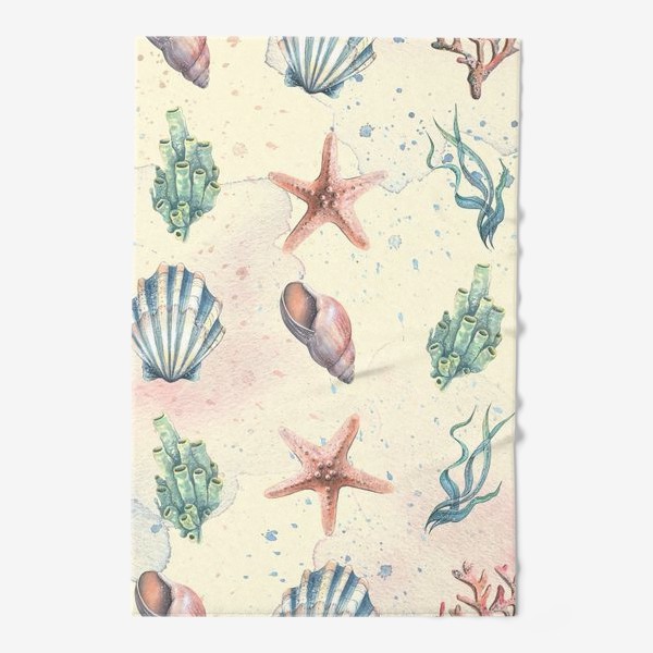 Полотенце «Морские ракушки, звезды, кораллы. Подводный мир. Акварельный паттерн.»
