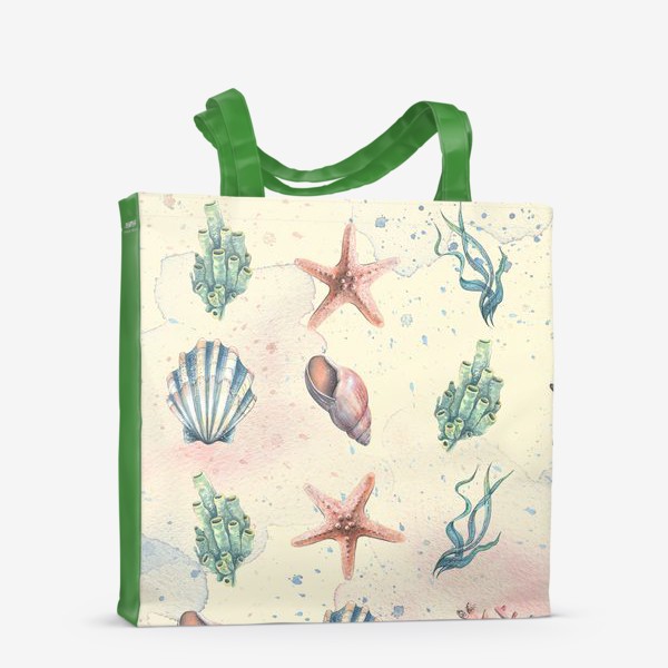 Сумка-шоппер «Морские ракушки, звезды, кораллы. Подводный мир. Акварельный паттерн.»