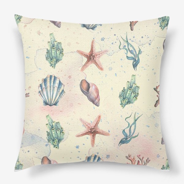 Подушка «Морские ракушки, звезды, кораллы. Подводный мир. Акварельный паттерн.»