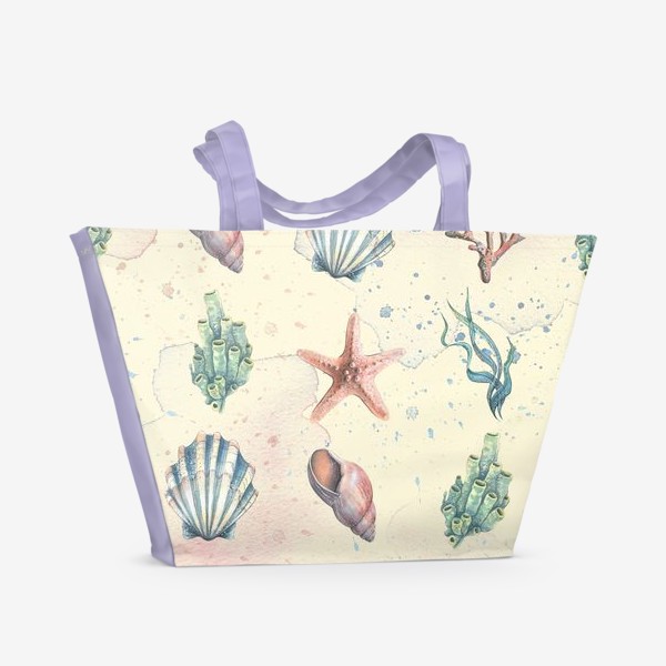 Пляжная сумка «Морские ракушки, звезды, кораллы. Подводный мир. Акварельный паттерн.»