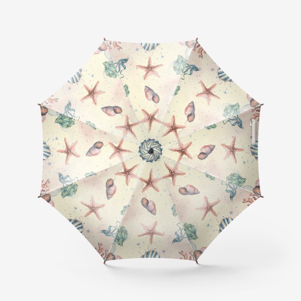 Зонт «Морские ракушки, звезды, кораллы. Подводный мир. Акварельный паттерн.»