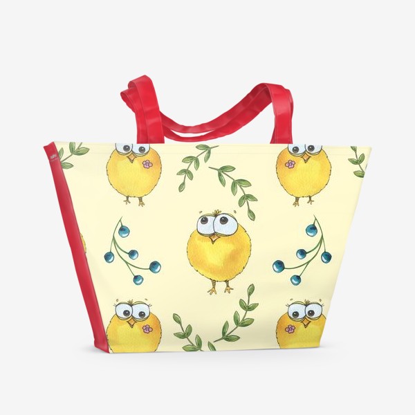 Пляжная сумка «Желтые цыплята мультяшные. Акварельный паттерн.»