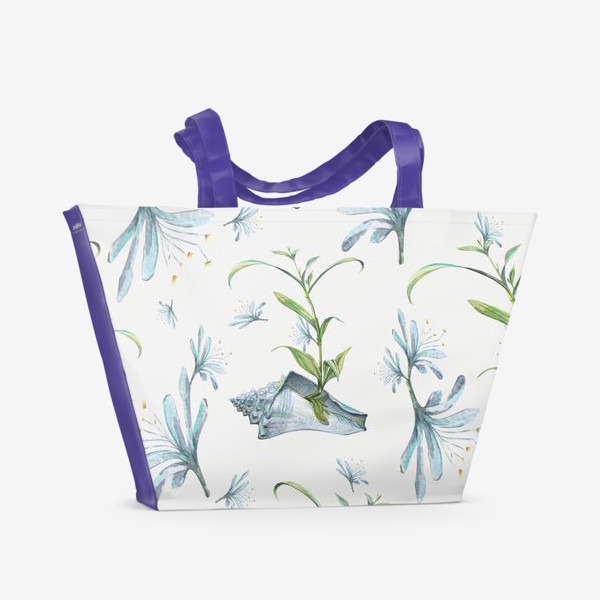 Пляжная сумка &laquo;Морская ракушка с цветами хлорофитума. Голубой, акварельный паттерн.&raquo;