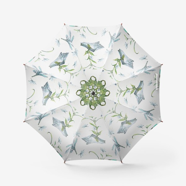 Зонт «Морская ракушка с цветами хлорофитума. Голубой, акварельный паттерн.»
