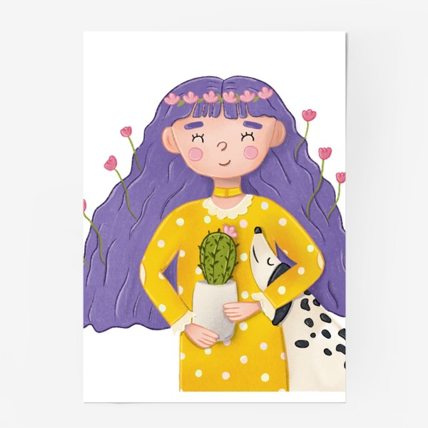 Постер «Милая девочка с цветами и собакой»
