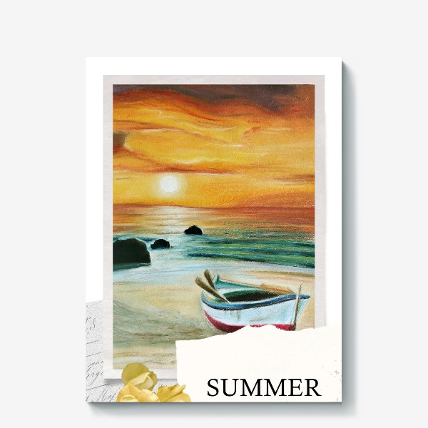 Холст «Коллаж Лето с лодкой на берегу моря перед закатом в желтых тонах»