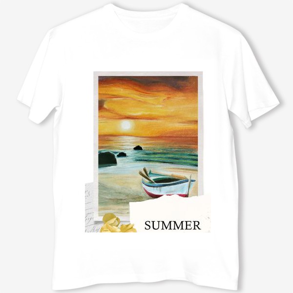Футболка «Коллаж Лето с лодкой на берегу моря перед закатом в желтых тонах»