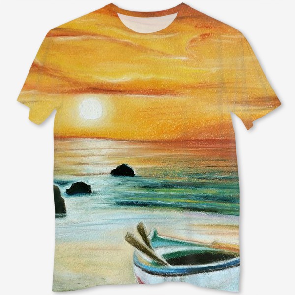 Футболка с полной запечаткой «Коллаж Лето с лодкой на берегу моря перед закатом в желтых тонах»