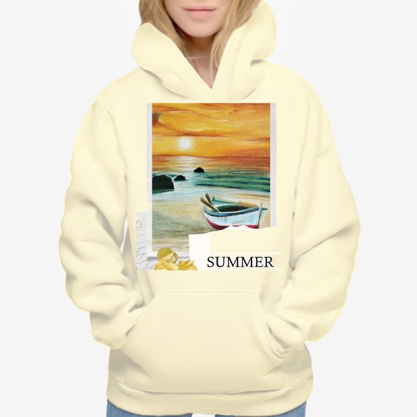 Худи «Коллаж Лето с лодкой на берегу моря перед закатом в желтых тонах»