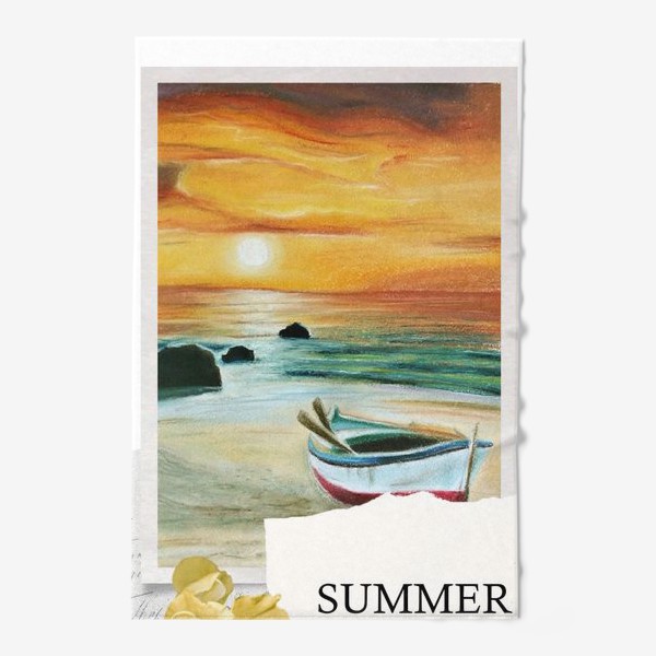 Полотенце «Коллаж Лето с лодкой на берегу моря перед закатом в желтых тонах»