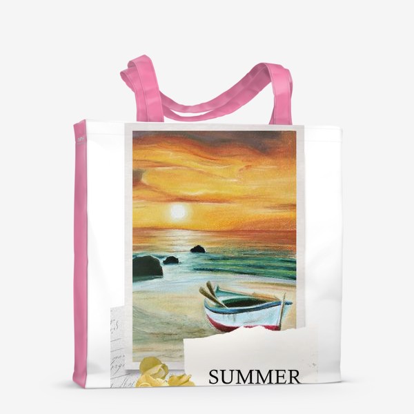 Сумка-шоппер «Коллаж Лето с лодкой на берегу моря перед закатом в желтых тонах»