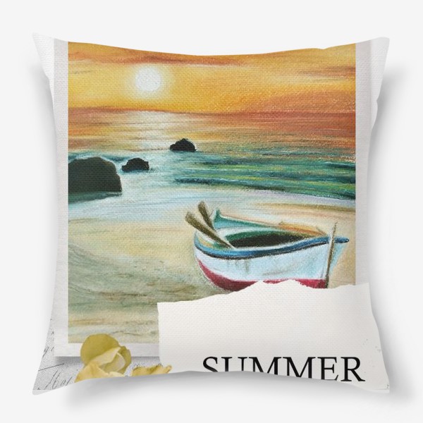 Подушка «Коллаж Лето с лодкой на берегу моря перед закатом в желтых тонах»