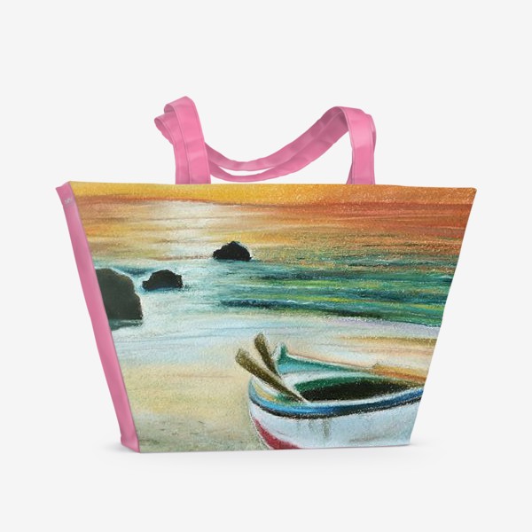 Пляжная сумка «Коллаж Лето с лодкой на берегу моря перед закатом в желтых тонах»