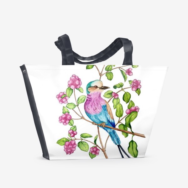 Пляжная сумка «Птица на ветке с ягодами.»