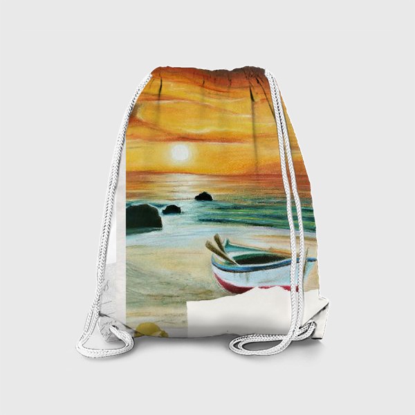 Рюкзак «Коллаж Лето с лодкой на берегу моря перед закатом в желтых тонах»