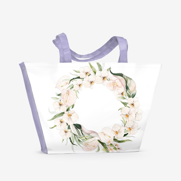 Пляжная сумка «Венок акварельные листья пальмы, баллы, орхидеи»